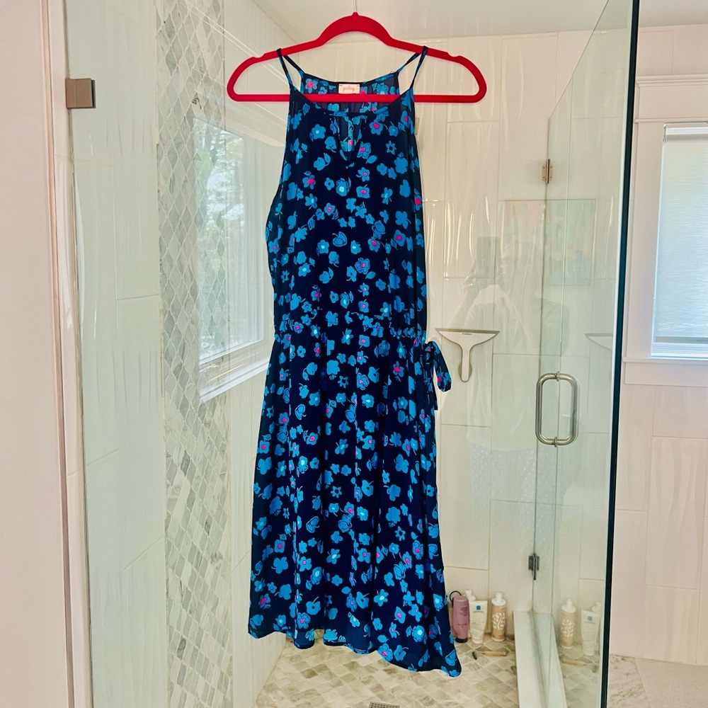 Pixley StitchFix Navy Dress with Bright Blue and Pink Floral Print